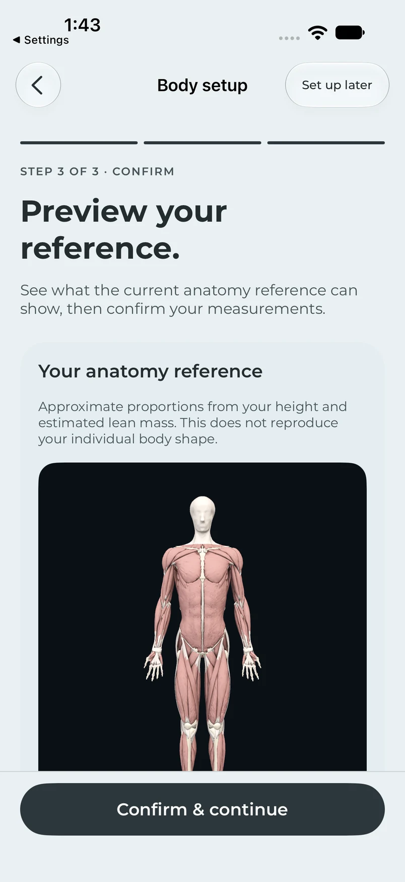Demigod’s native body setup preview showing the three-dimensional anatomy reference and an explanation that proportions are approximate.