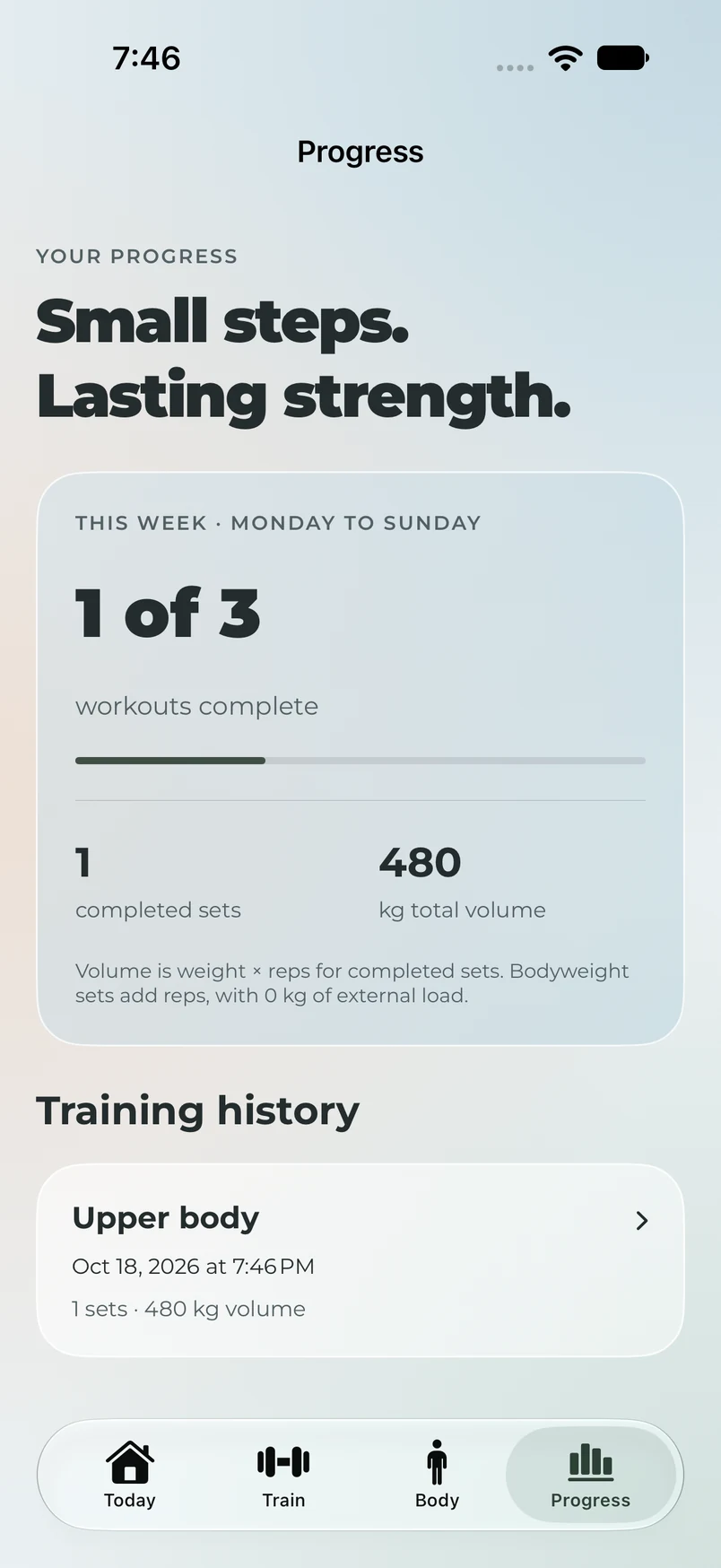 Demigod Progress screen with weekly workout totals, completed sets, training volume and a history entry. Values are sample data.