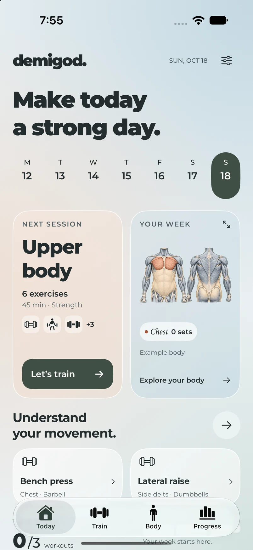 Demigod Today screen with an upper-body session, a weekly calendar and an anatomy illustration.